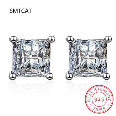 Princess Cut 2CT Moissanite Rhodium Plated 925 Silver D Color Earrings