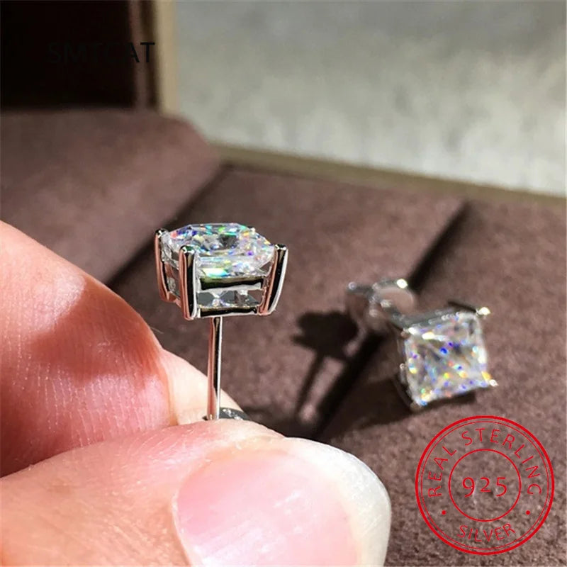 Princess Cut 2CT Moissanite Rhodium Plated 925 Silver D Color Earrings